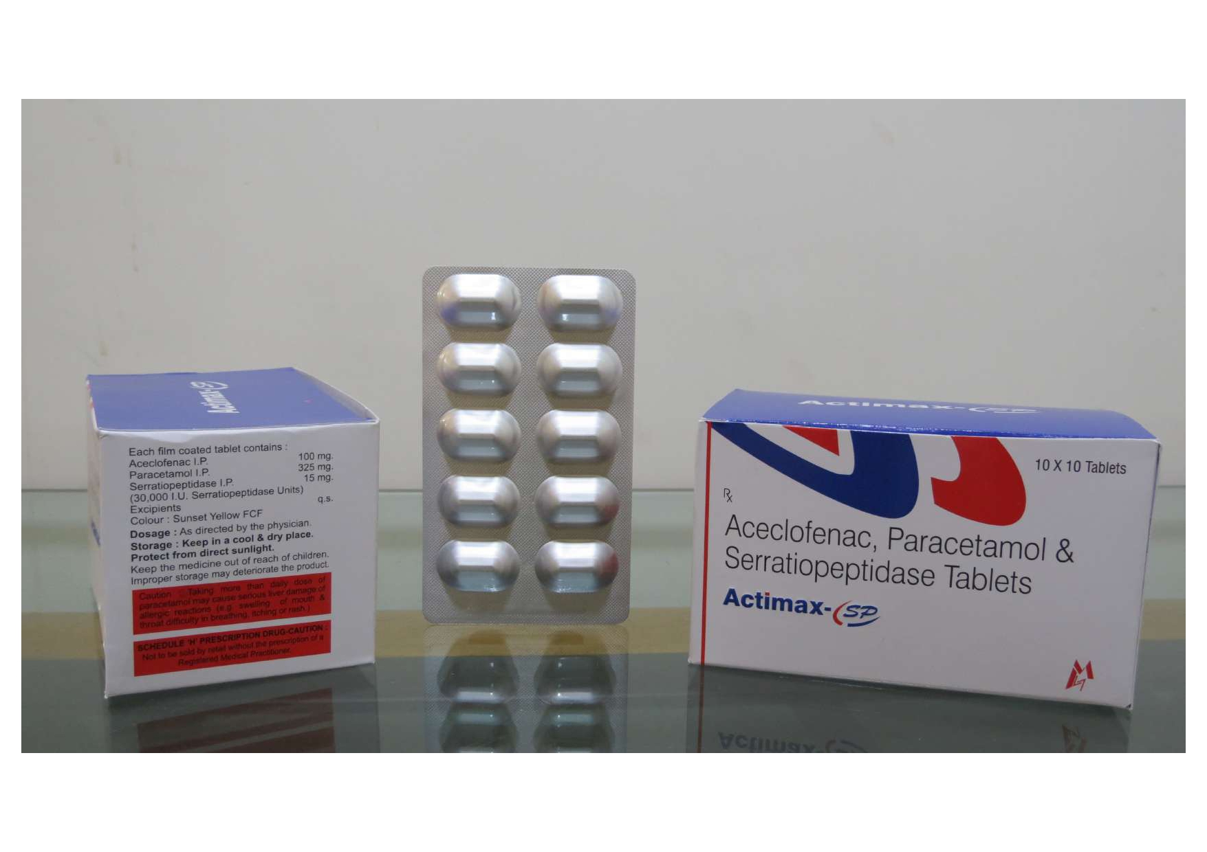 aceclofenac 100mg+paracetamol 325mg
+serratiopeptidase 15mg tablets