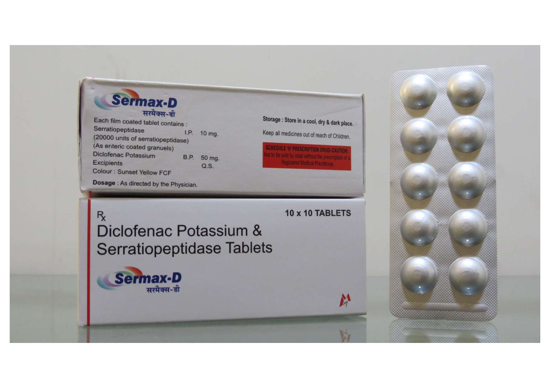 diclofenac potassium bp 50mg +
serratiopeptidase 10mg (as enteric coated granuels) tablets