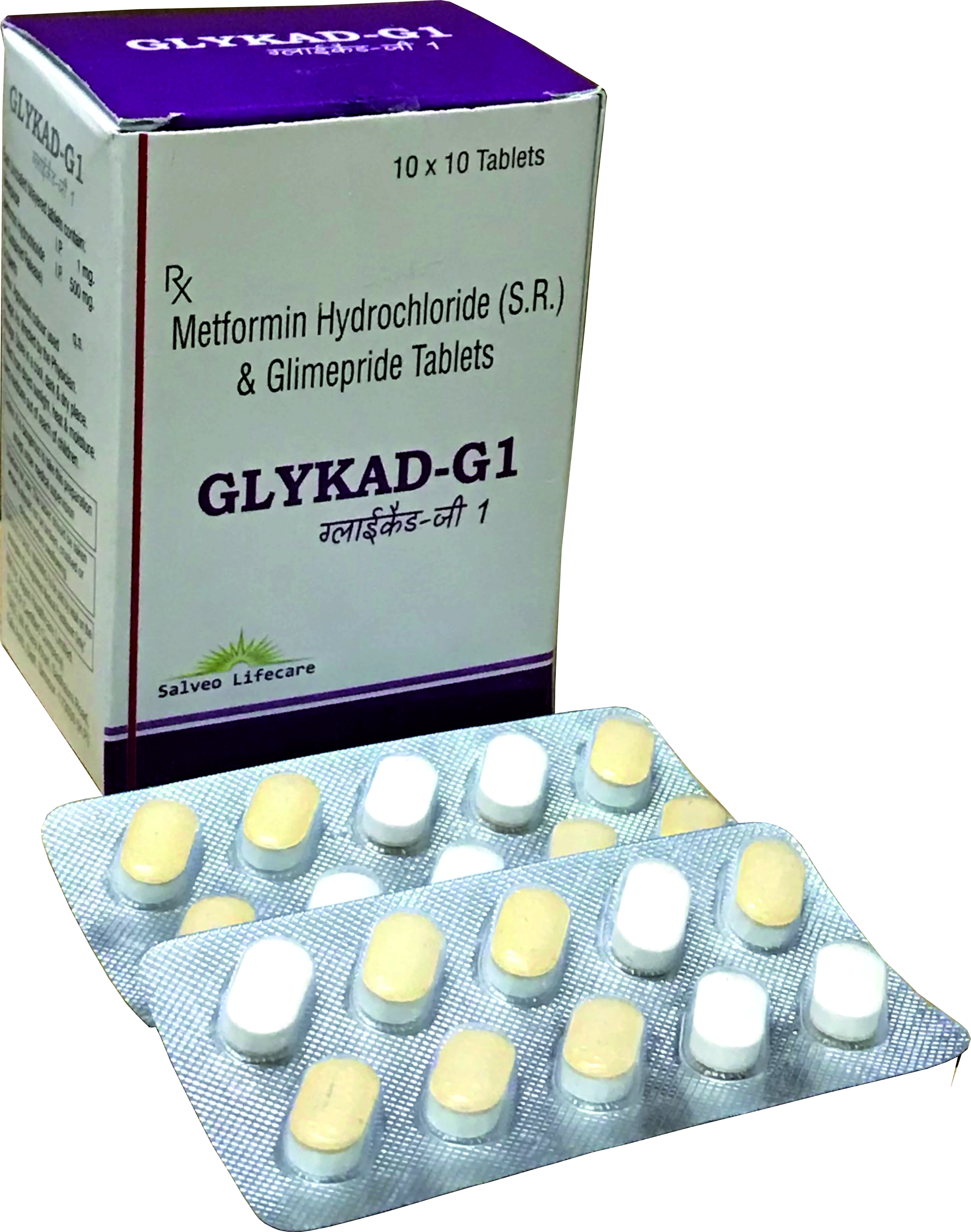 each bilayered tablet containes: metformin 500 mg sustained release; glimipride 1 mg