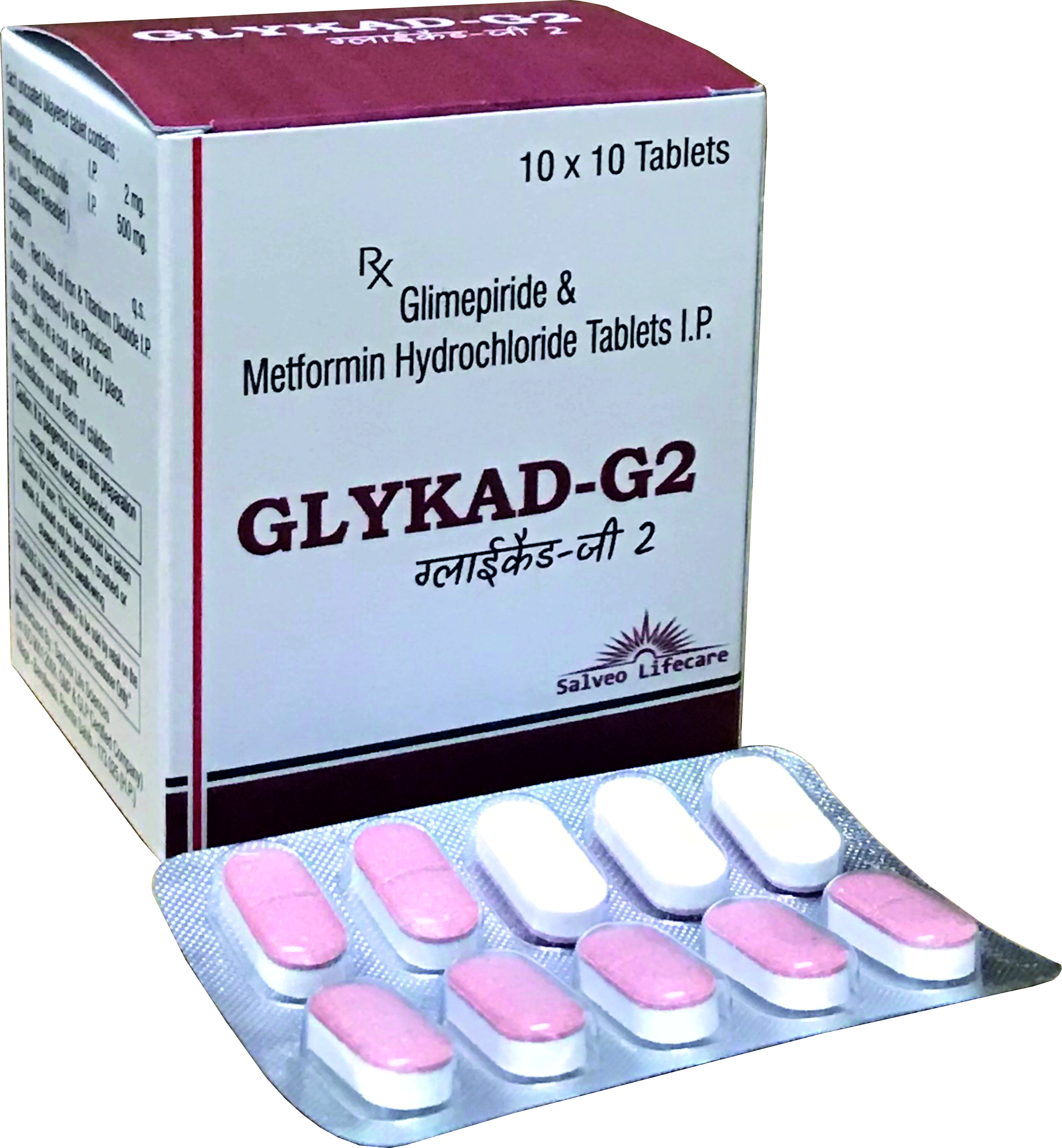 each bilayered tablet containes: metformin 500 mg sustained release; glimipride 2 mg