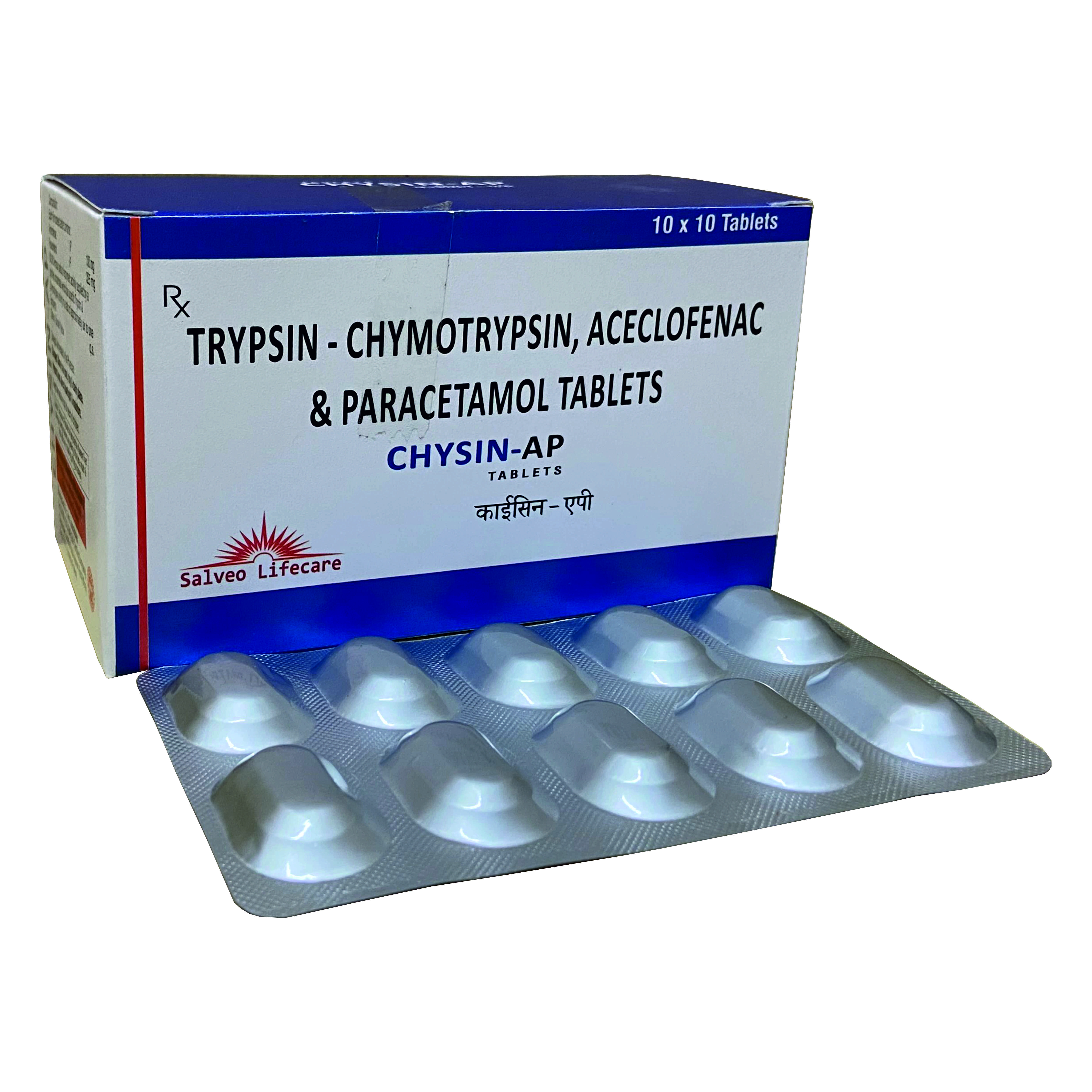 trypsin, chymotrypsin 50,000,aceclofenac 100mg,
paracetamol 325 mg