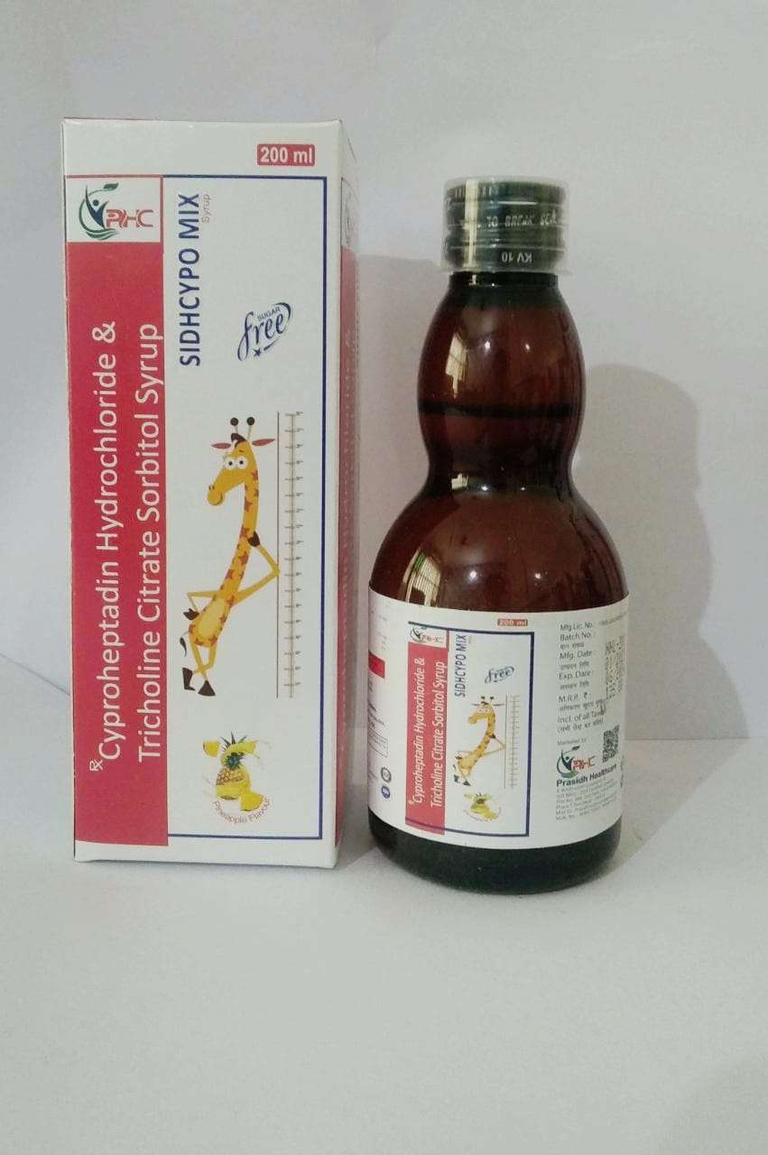 each 5ml contailns :cyproheptadine hydrochlorids i.p eq to anhydrous cyproheptadins hydrochlorids 2.0mg+ tricholine clitrate  solution (65%) 275mg+sorbitol solution  q.s
