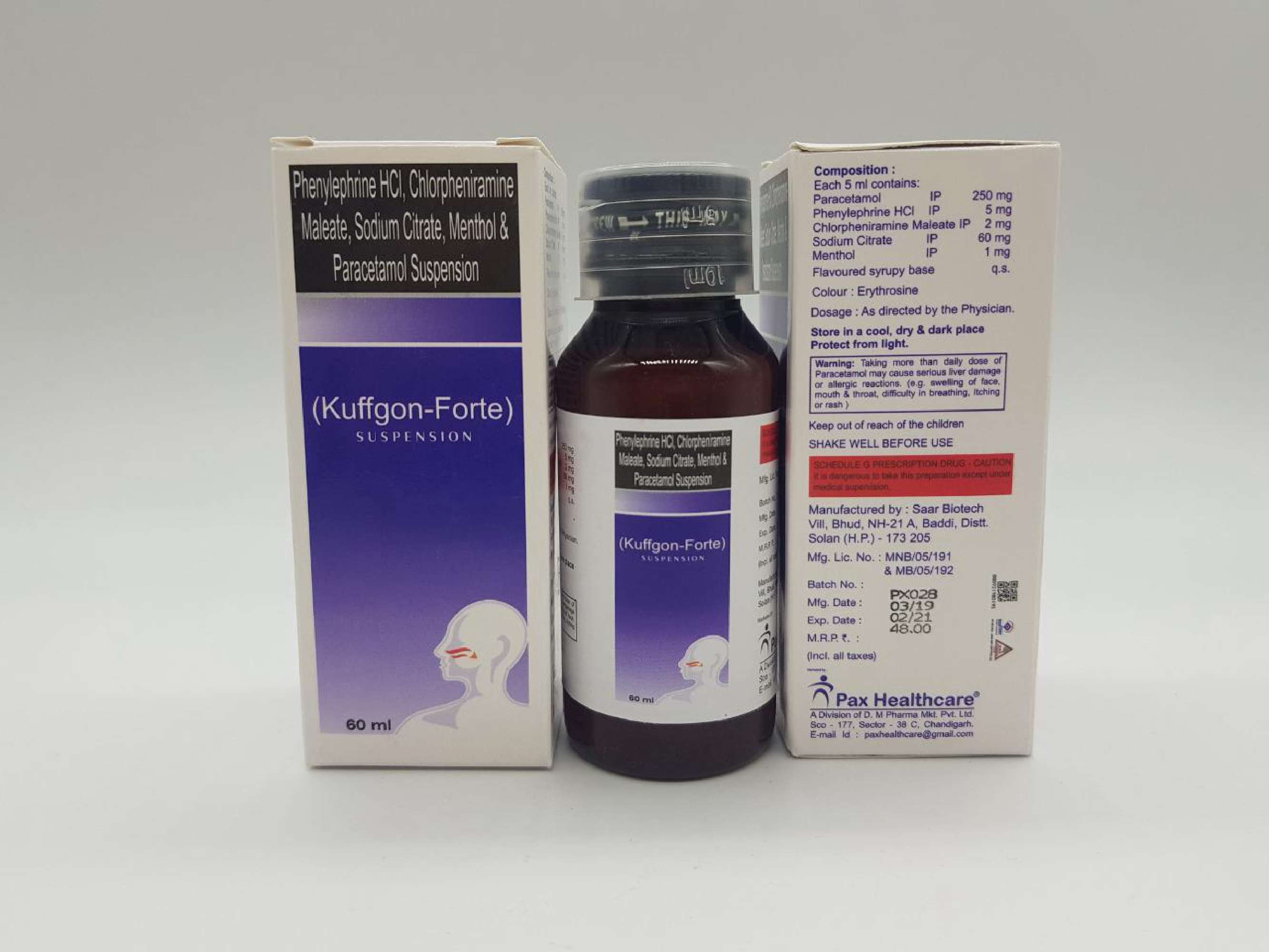 each 5 ml paracetamol -250 mg +phenylephrine hydrochoride -  5 mg+chlorpeniramine maleate -2 mg+ sodium cirtae ip 60 mg +menthol ip 1 mg