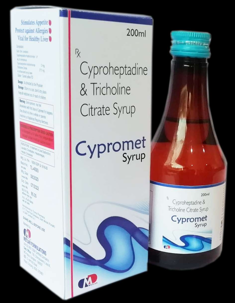 cyproheptadine hcl 2 mg + tricholine citrate 275 mg 
sorbitol 3.575 gm