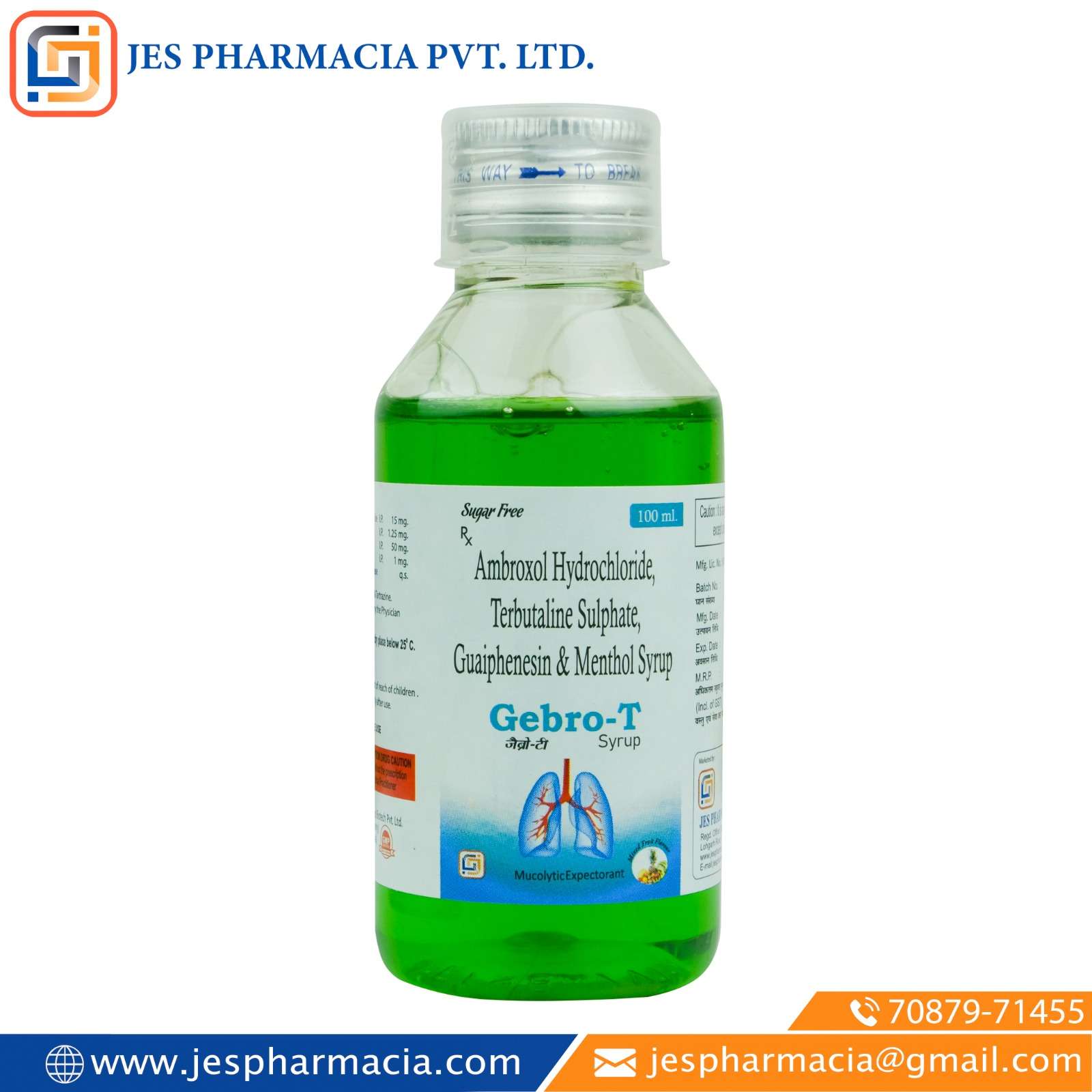 ambroxol hydrochloride 15 mg +terbutaline sulphate 1.25 mg + guaiphenesin 50 mg + menthol 1 mg   syrup                   (sugar free)