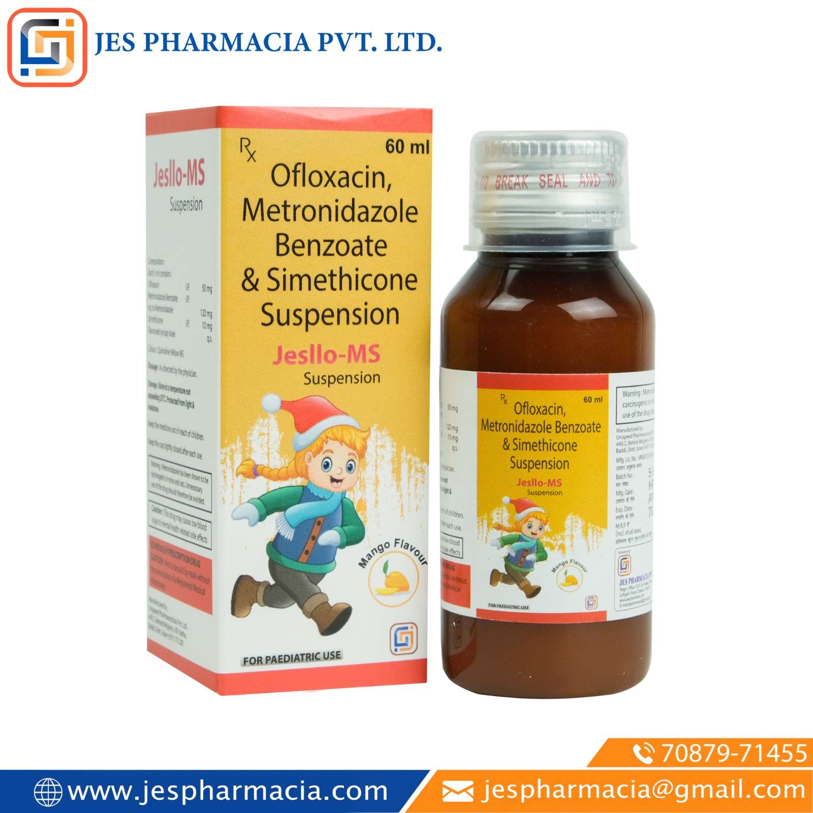 ofloxacine 50 mg+ metronidazole 120mg + simethicone 10 mg (mango favour)