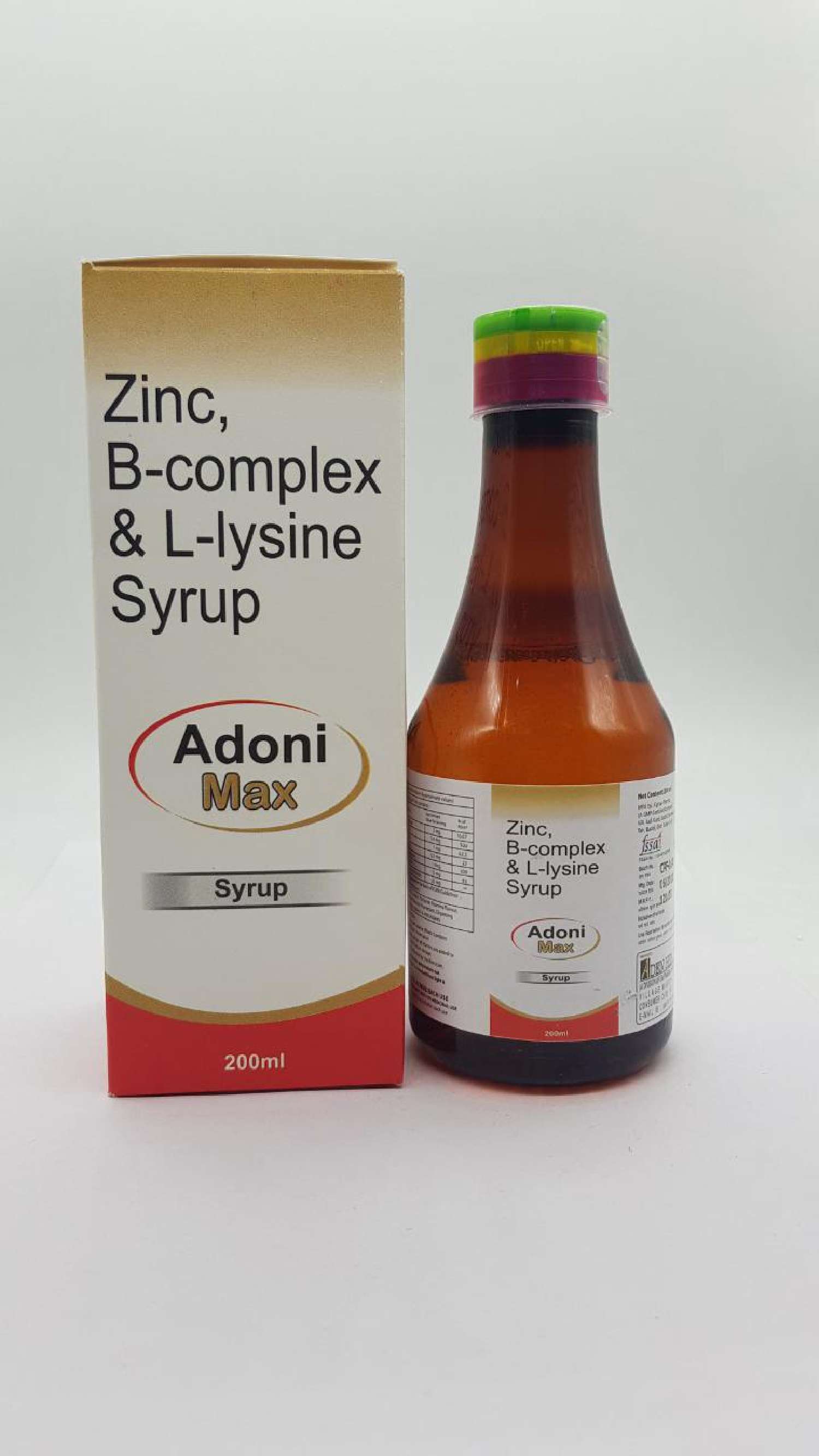 each serving of 5 ml contains zinc sulphate 2 mg + vitamin b1 1.4 mg + vitamin b2 1 mg + vitamin b6 0.5 mg + cyanocobalamin 1 mcg + niacinamide 15 mg + l-lysine hydrochloride 25 mg