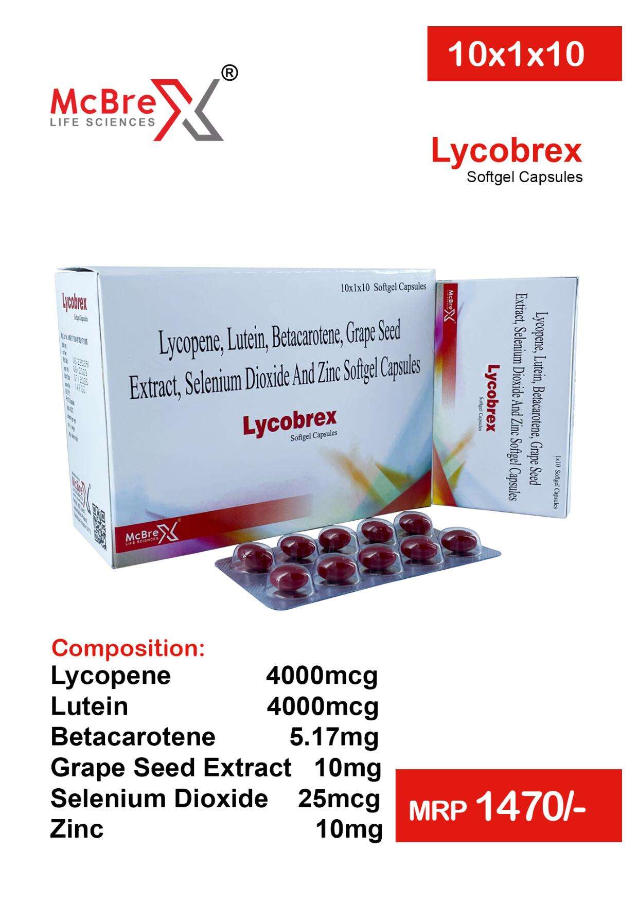 lycopene 10% 5000mcg. + grape seed extract 10mg. + betacarotene 10% 5.17mg. + lutein 8% 2000mcg.
+ zinc sulphate 10.80mg.