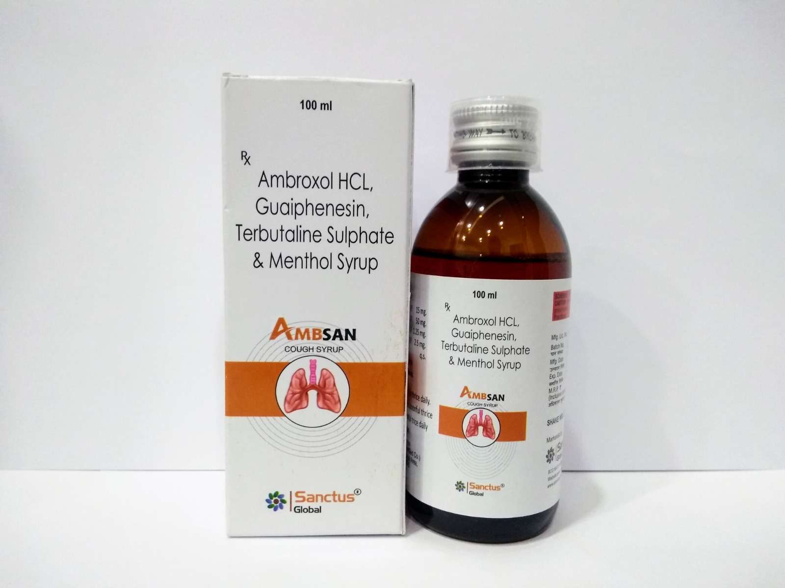 ambroxol 15mg + terbutaline sulphate 1.25mg + guiphenesin 50mg + menthol 2.5mg (per 5 ml)