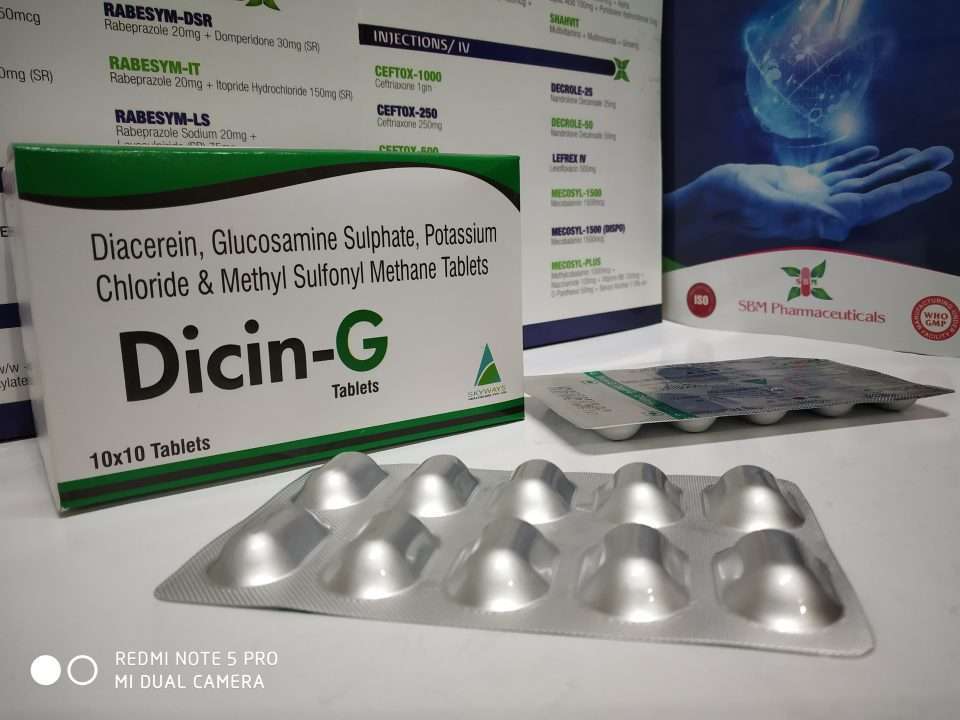 diacerein 50mg, glucosamine sulfate 750mg, potassium chloride, methyl sulfonyl methane 250mg