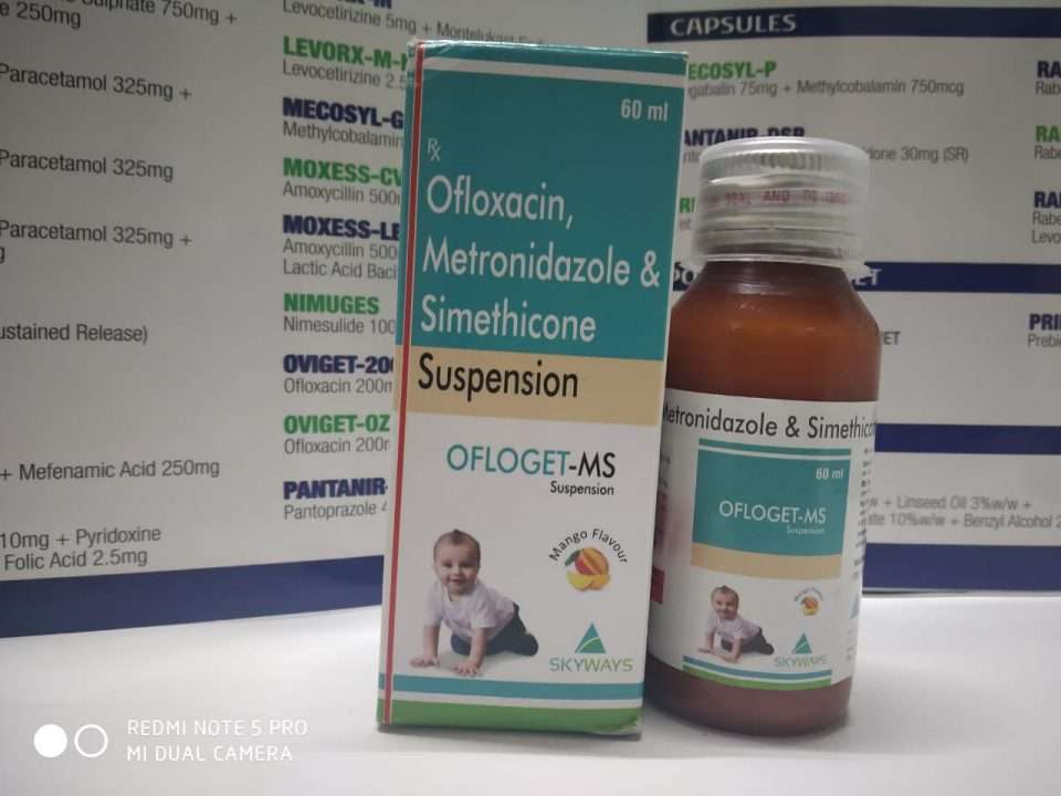 ofloxacin50mg, metronidazole 120 mg , simethicone 10mg,