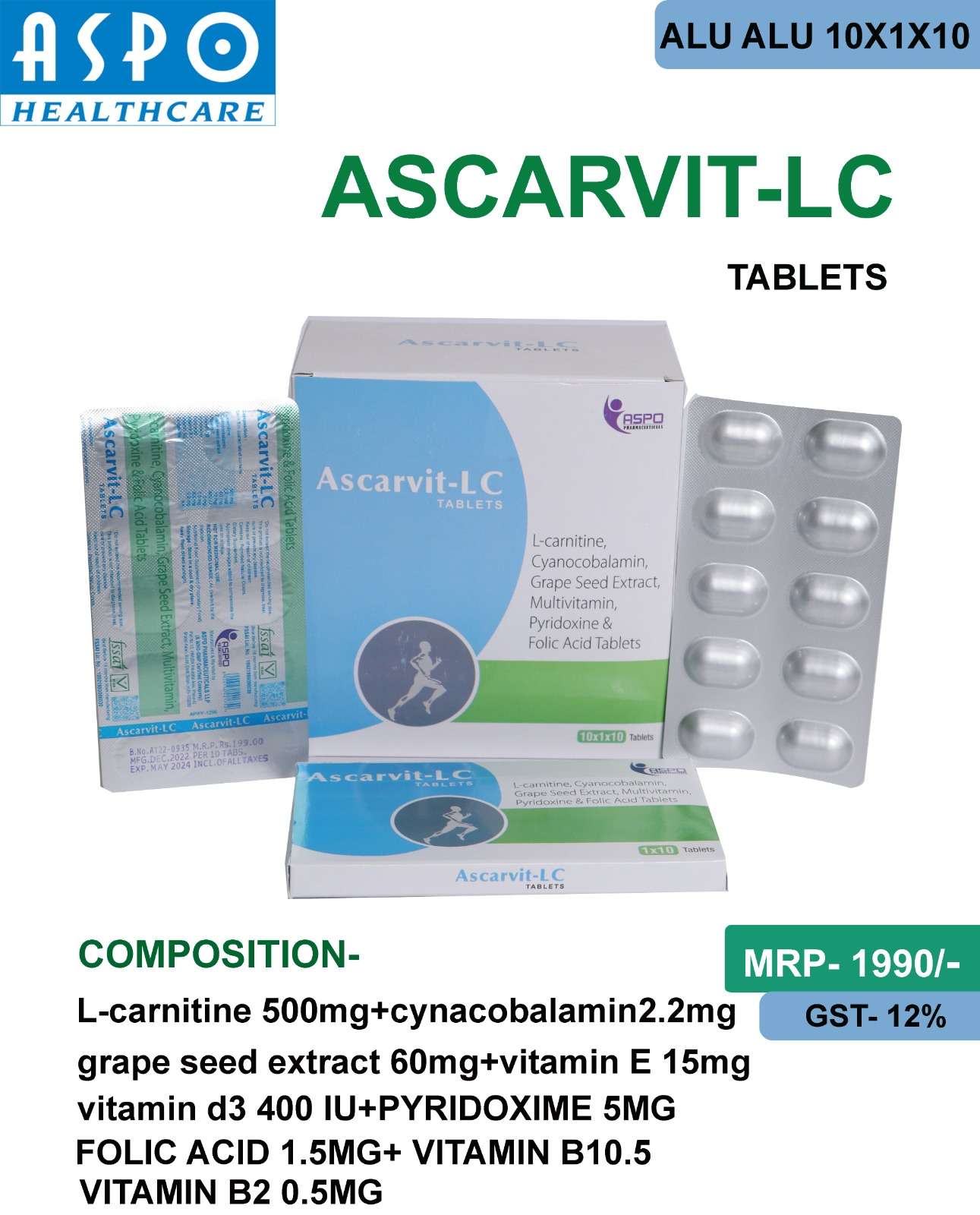 l-carnitine 500 mg + cynacobalamin 2.2 mg grape seed extract 60mg.+vitamin e 15 mg vitamin d3 400 iu +pyridoxime 5mg folic acid 1.5mg +vitamin b 10.5 vitamin b20.5 mg.